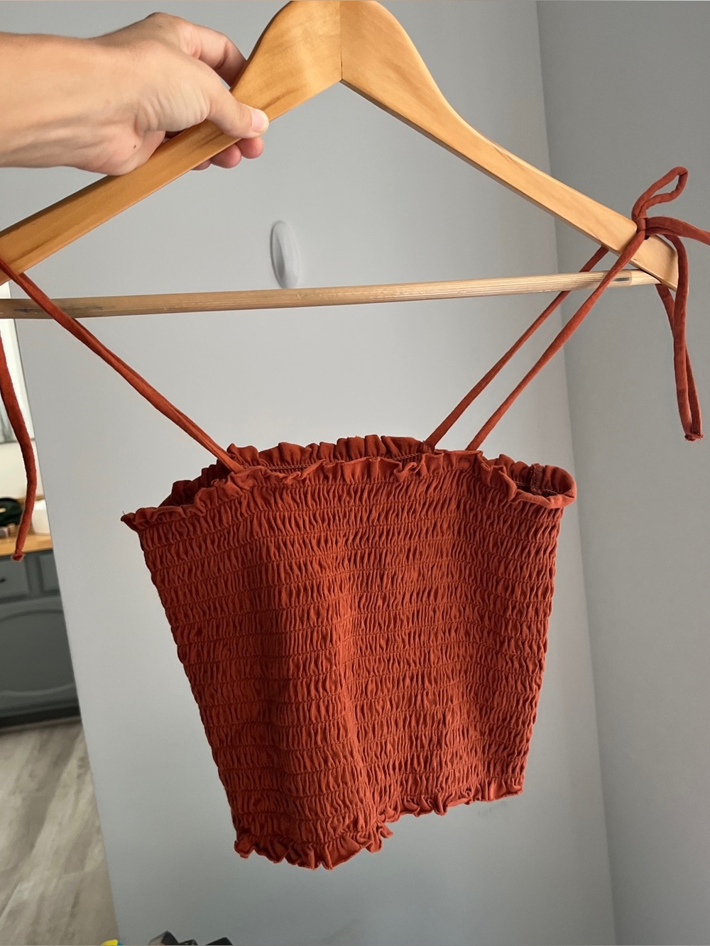 Smocked tank top with tie straps burnt orange size xs body is 100% cotton cute